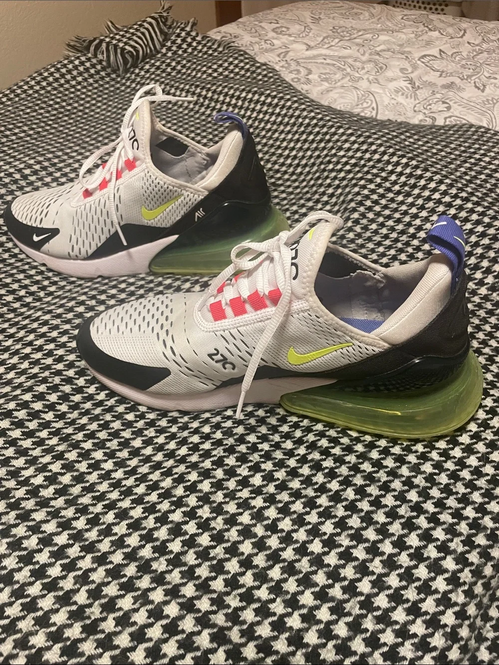 Nike Air Max 270 White Black Volt Shoes with Purple Pull Tab